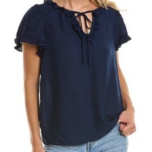Max Studio Flutter Sleeve Ruffle Blouse Women's Navy Blue M Lace Sheer Top
